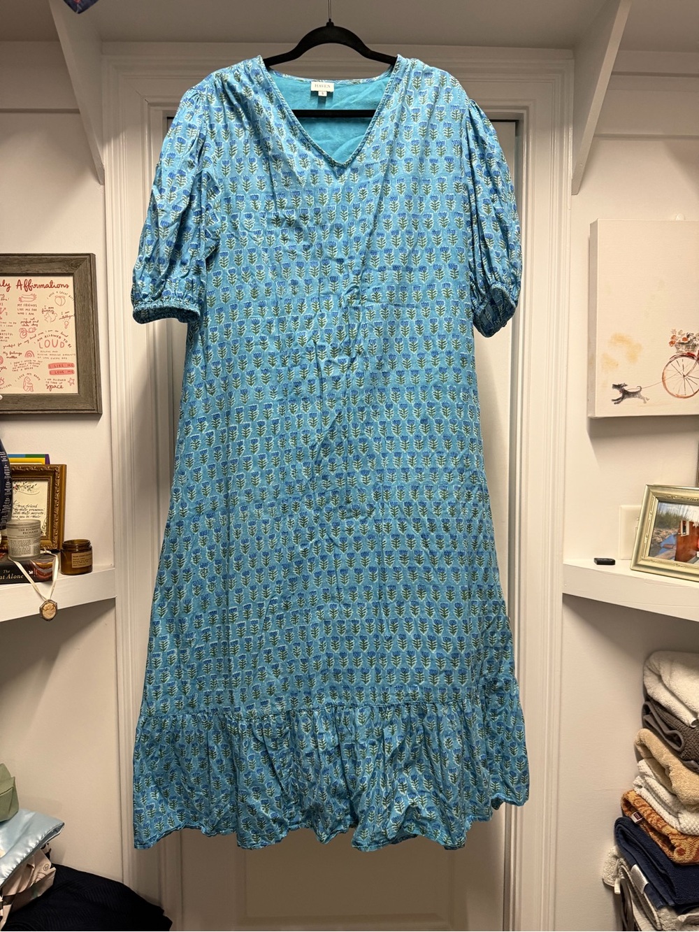 Light Blue Printed V-Neck Maxi Dress with Puff Sleeves